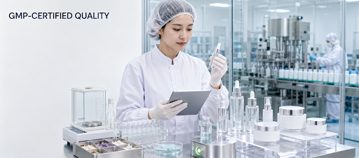 Quality control specialist inspecting skincare products in a GMP manufacturing environment
