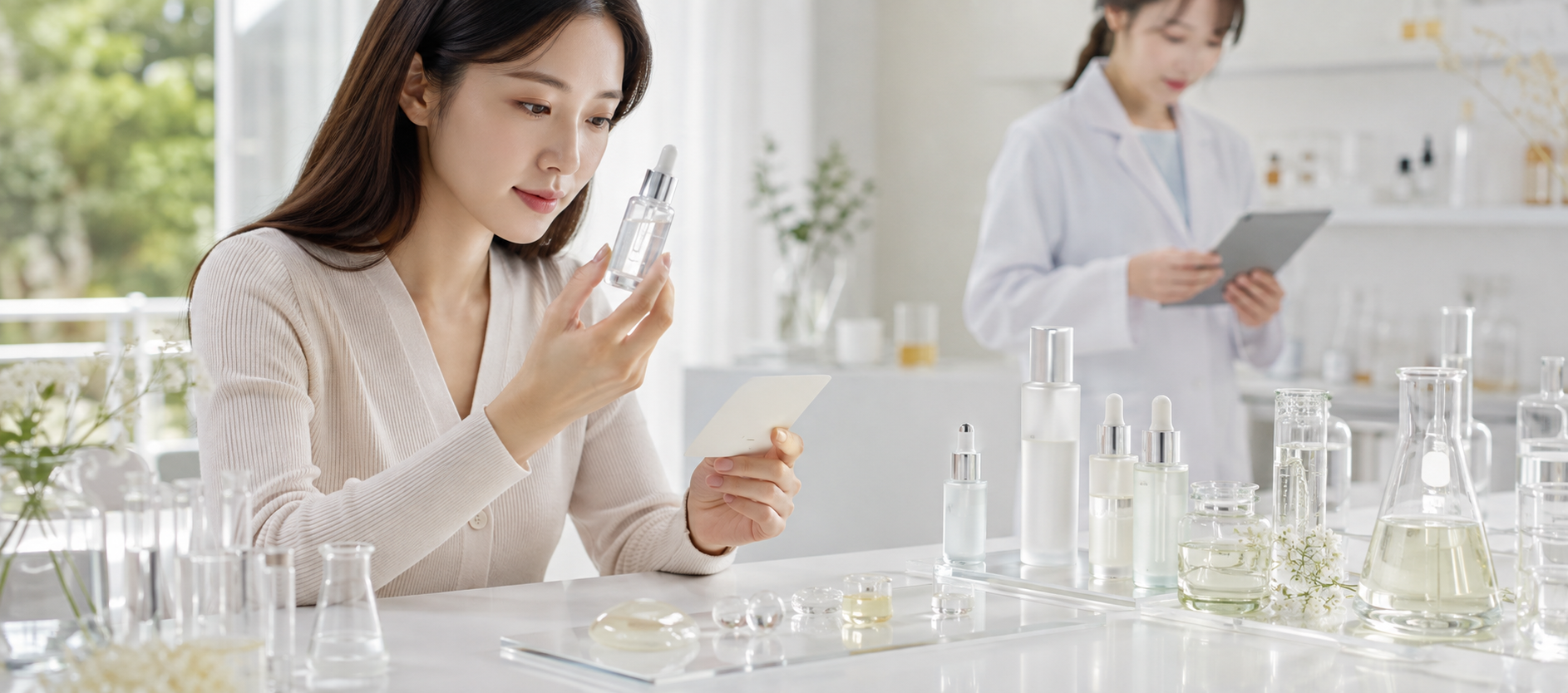 Skincare consumer examining an active ingredient serum with a formulation specialist