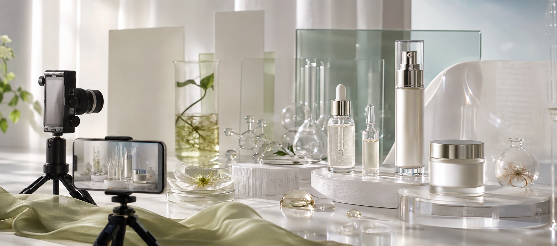 Korean cosmeceutical skincare products arranged for ingredient-focused brand content creation