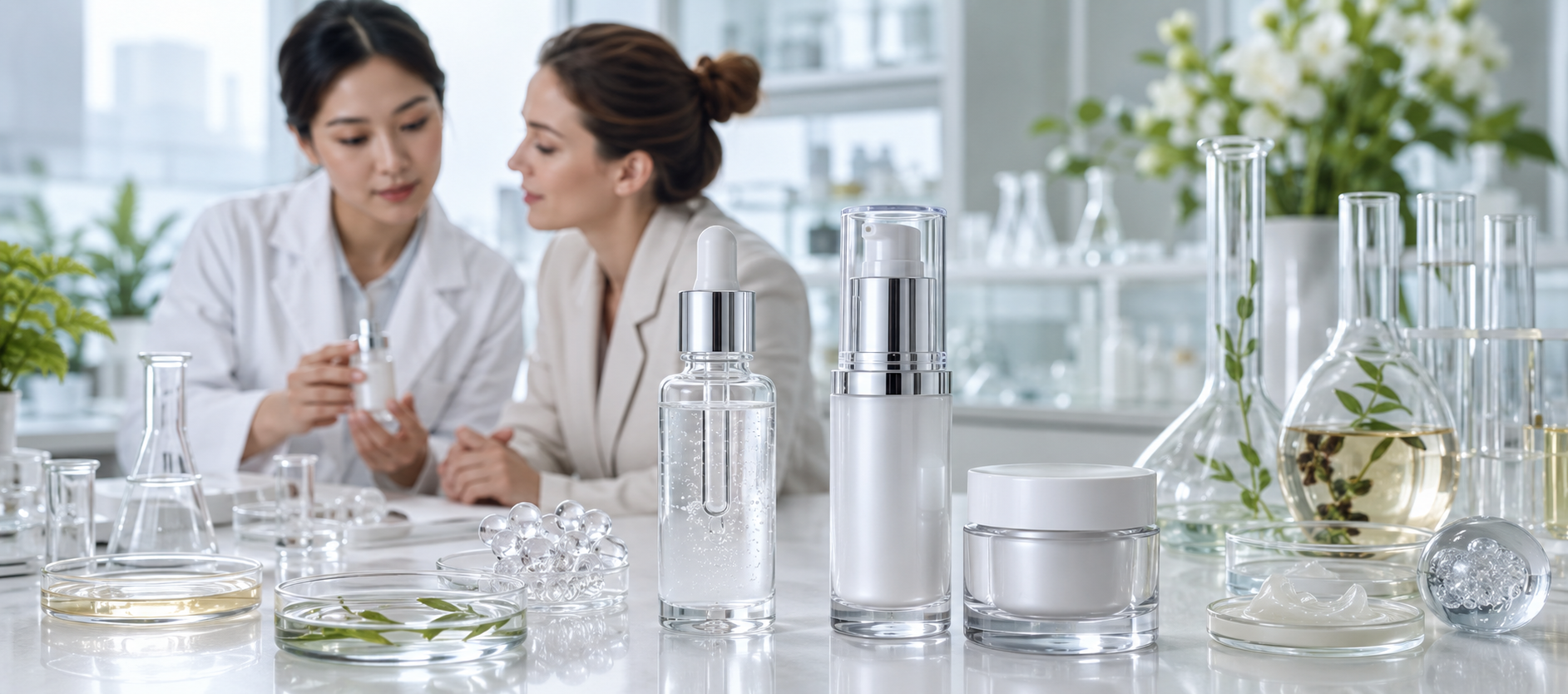 Korean formulation specialist presenting advanced cosmeceutical ingredients and skincare prototypes
