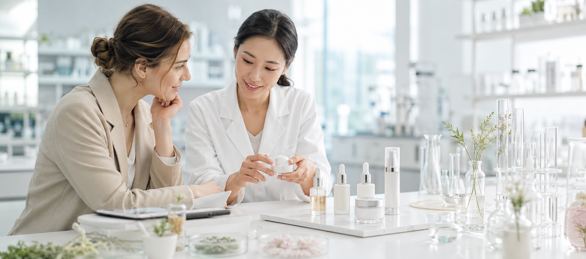 Small beauty brand founder discussing Korean cosmeceutical private label skincare development