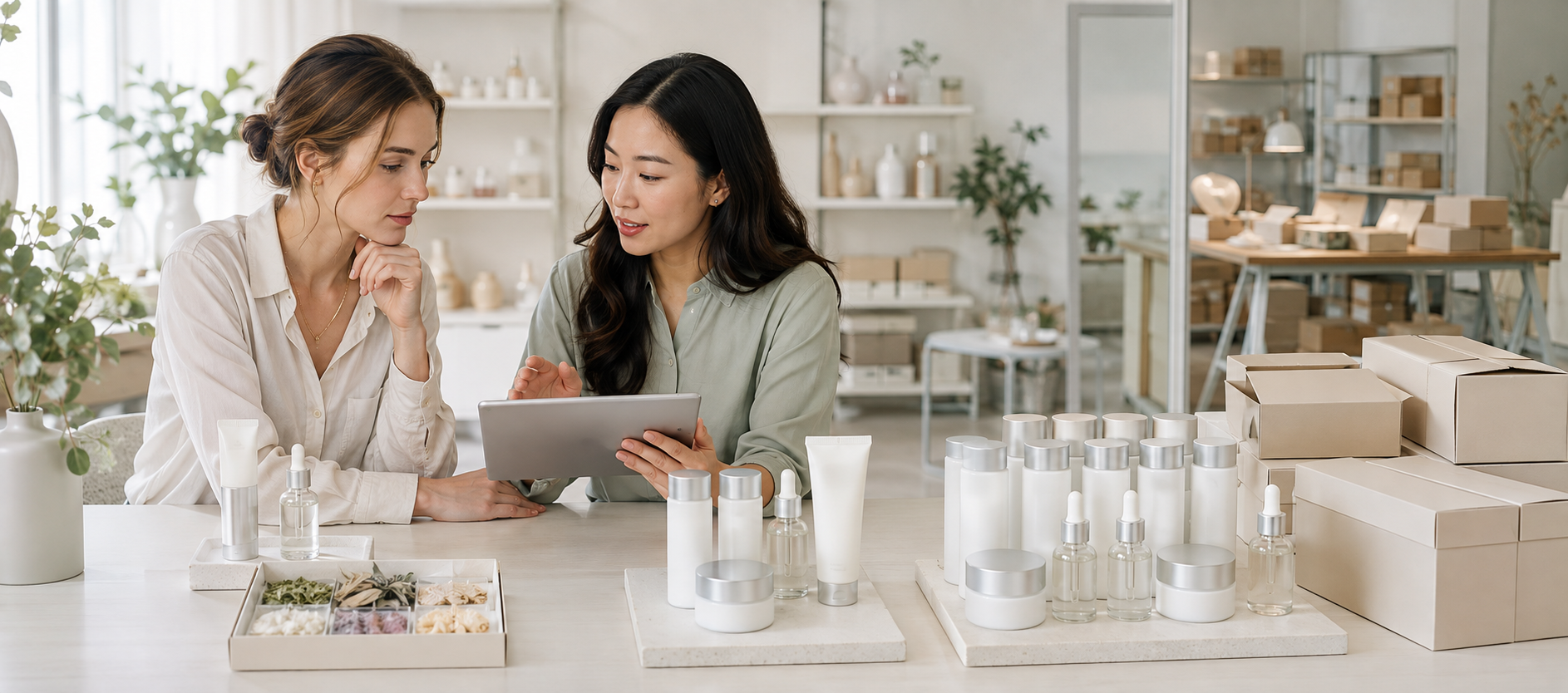 Small beauty brand reviewing low MOQ private label skincare products with a Korean partner
