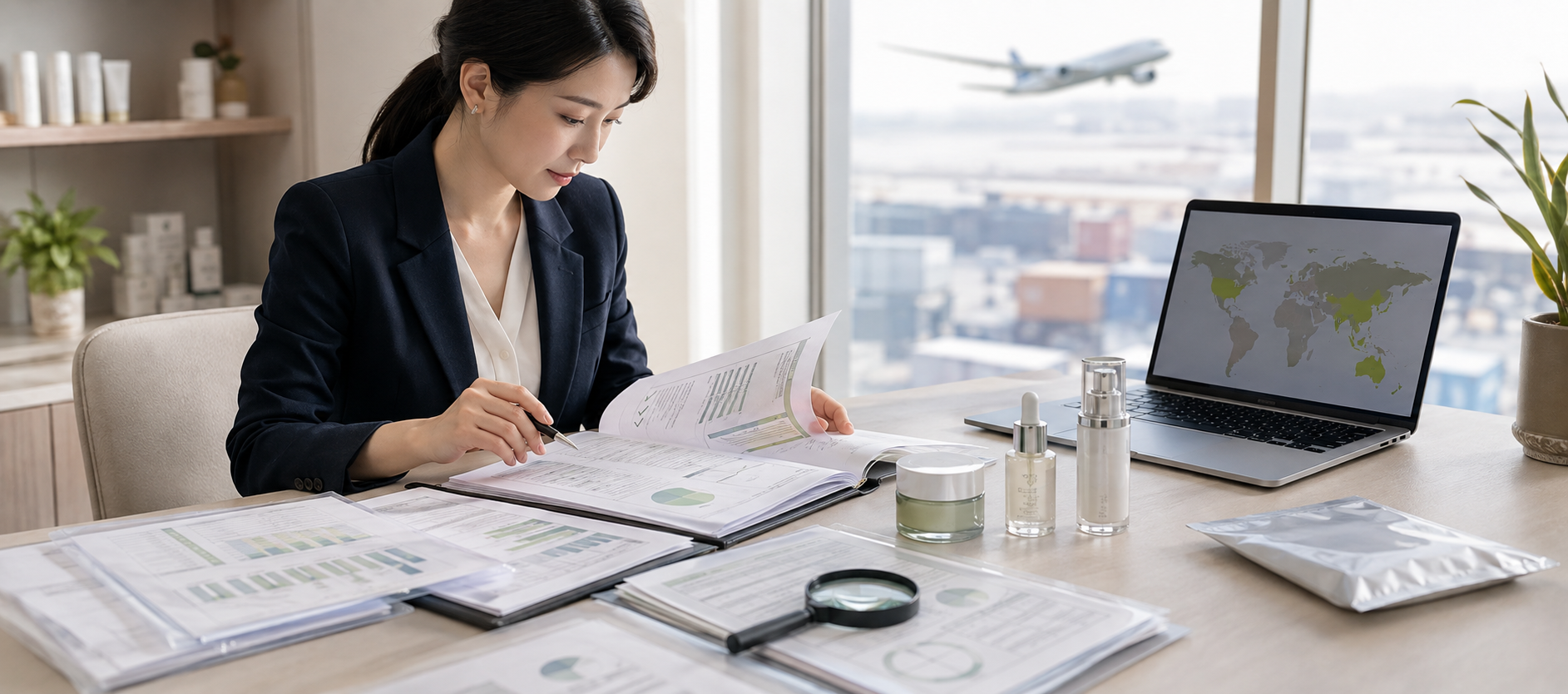 Regulatory specialist reviewing skincare compliance documents for international market entry