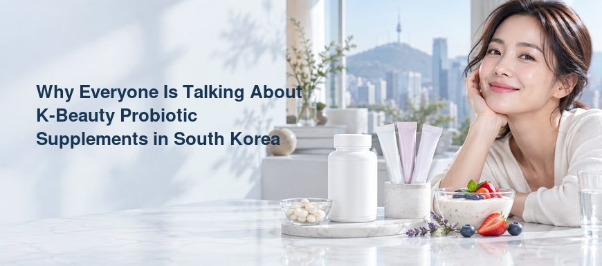 Korean woman with probiotic supplements, yogurt and berries in a wellness setting