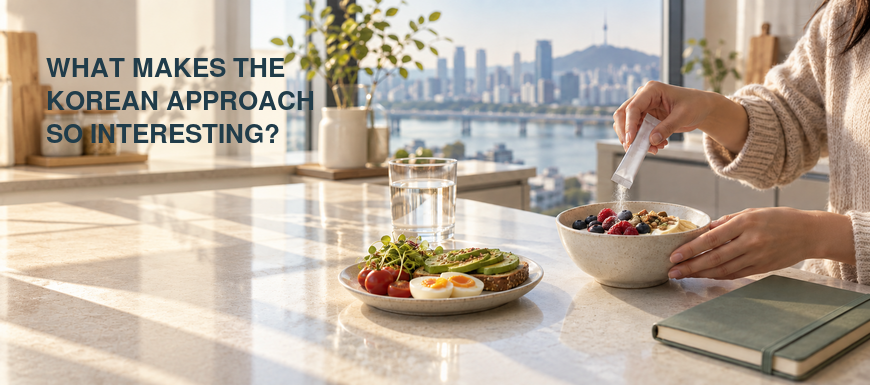 Woman adding a probiotic sachet to a healthy breakfast overlooking Seoul